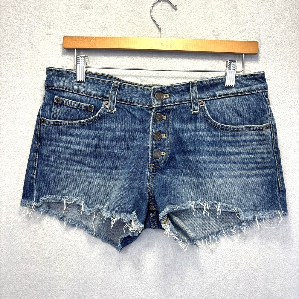 Lucky Brand The Cut Off Denim Shorts Button Fly Womens 4/27 Blue Frayed Hem